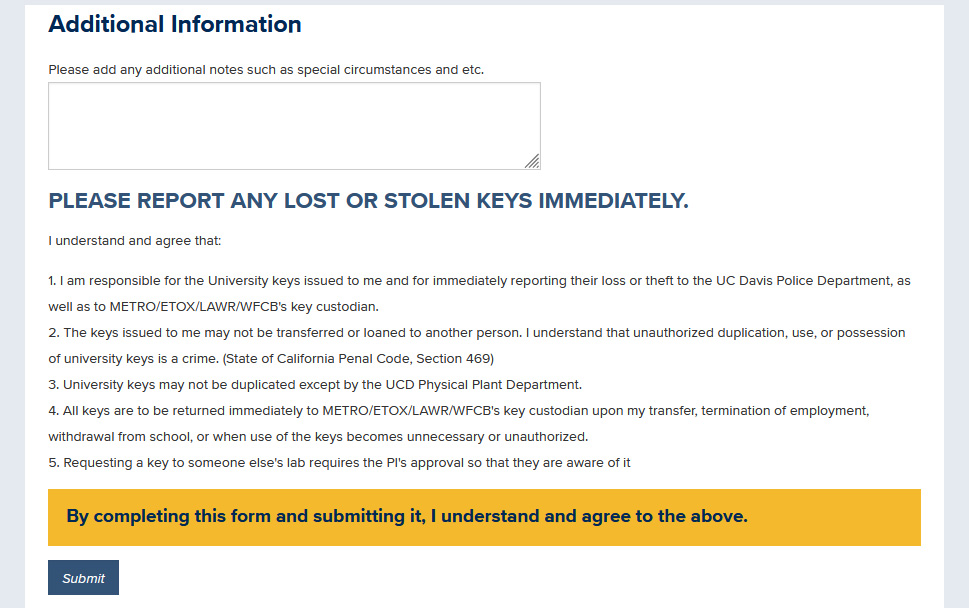 Form with text instructions about reporting lost or stolen keys. Yellow highlight at bottom.